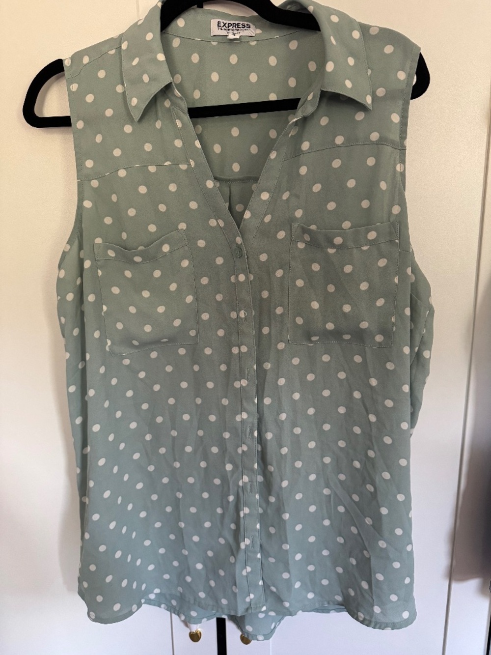 Express Portofino Shirt XL Sage Green White Polka Dot Sleeveless Blouse
